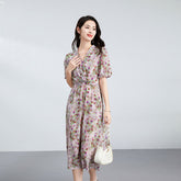 Vestido floral de seda floral para mujer Manga de hojaldre Vestido de seda de cintura plisada